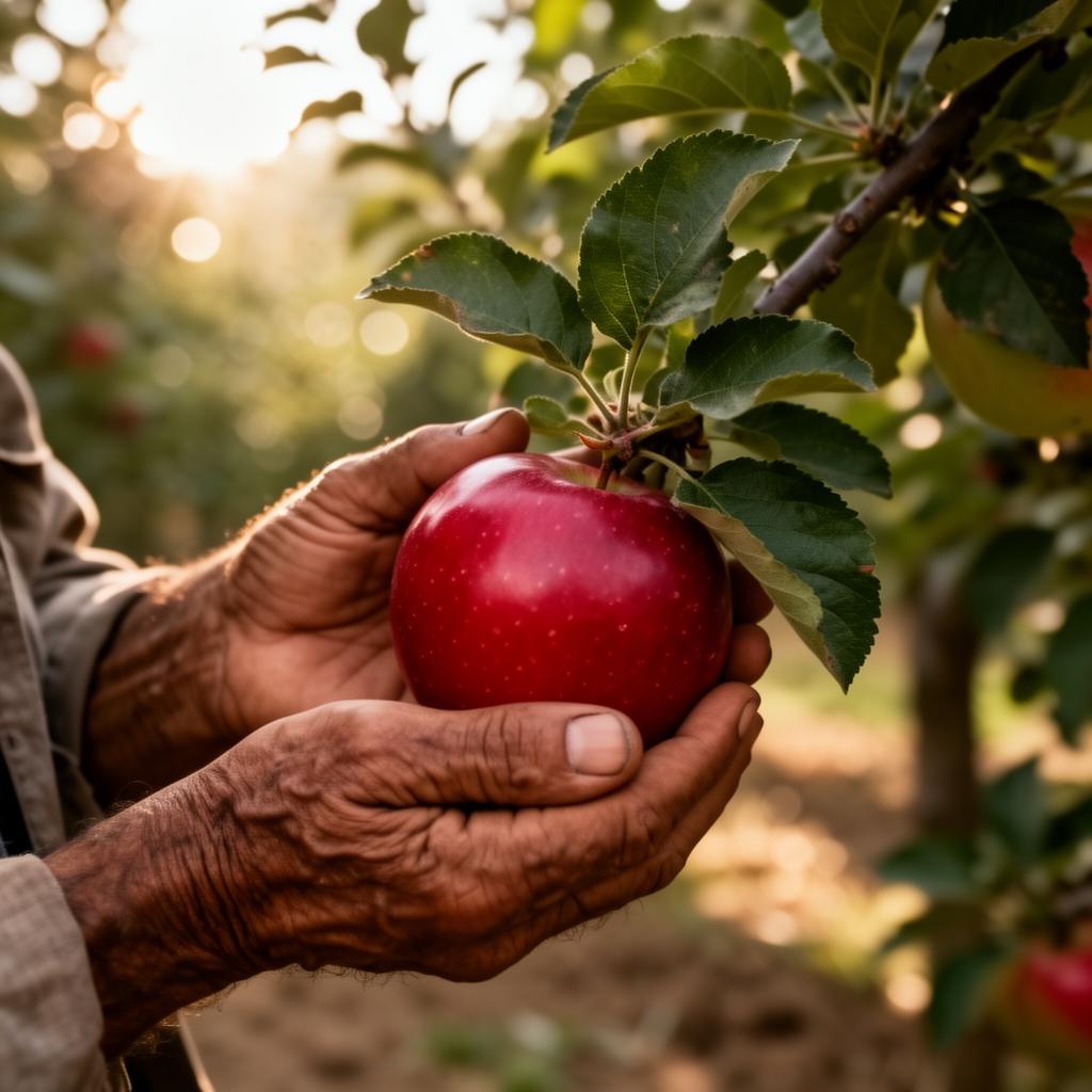 Himachali apple farmer's weathered hands cradling a ripe crimson apple on the branch