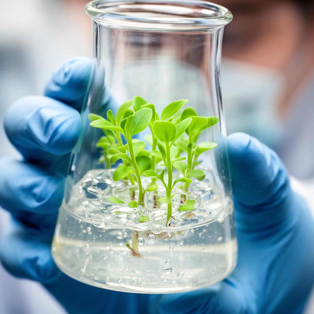 Scientist's gloved hands holding a tissue-culture flask of tiny apple plantlets